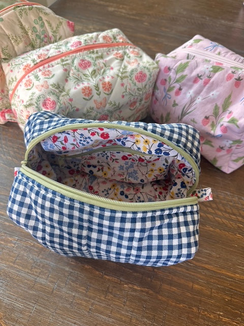 The Blue Gingham Quilted Makeup Bag
